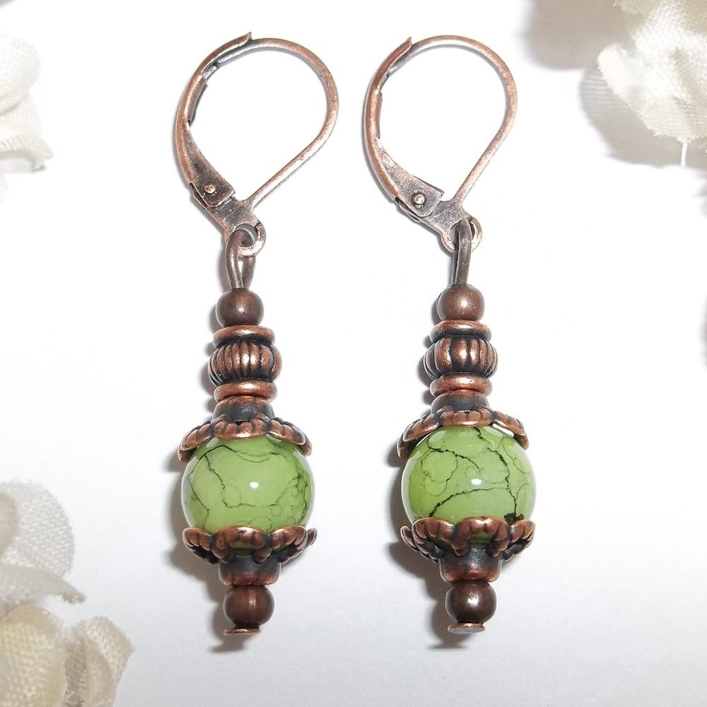 Boho Earrings Green and Copper Handmade Set 5218